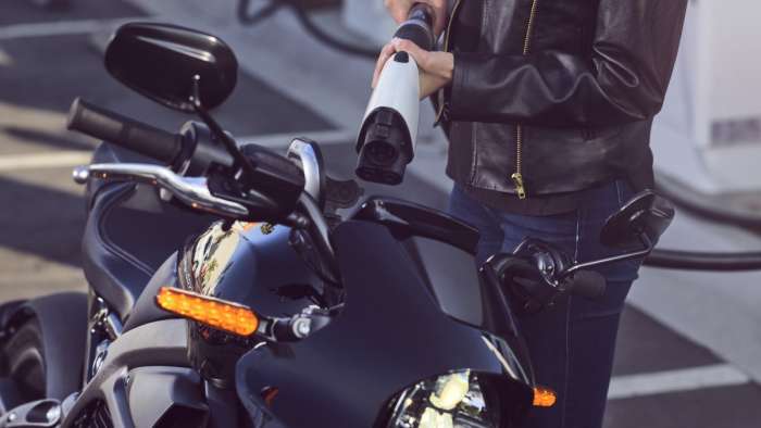 Electric Harley-Davidson Livewire motorcycle plugs into Electrify America fast-charger