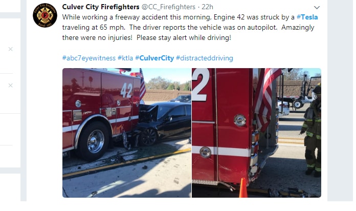 Incident 320: Tesla on Autopilot Collided with Parked Fire Truck on