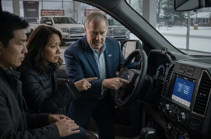 buyers talking to the Toyota salesperson about the safety tech