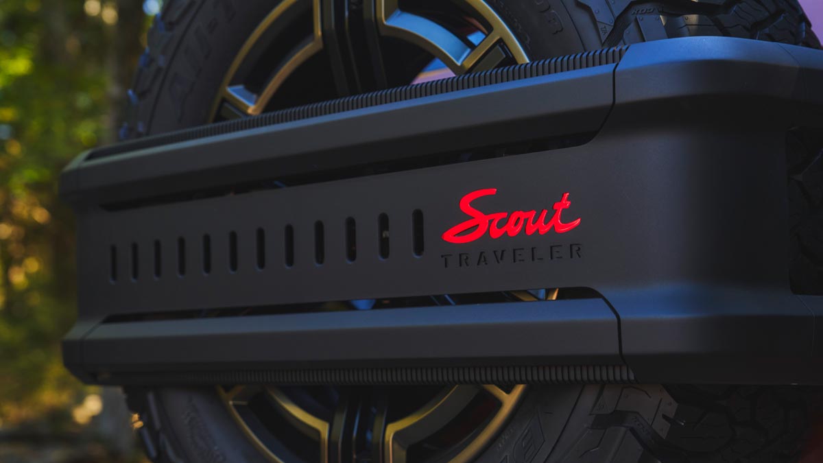 A close-up of the Scout Traveler rear, spare tire mount
