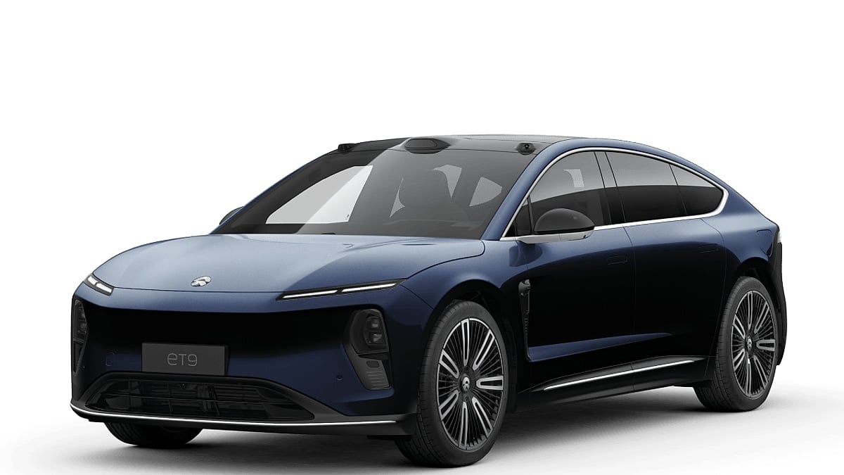 A dark blue NIO ET9 luxury electric sedan.