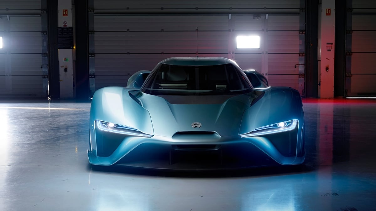 Sleek light blue NIO electric supercar.
