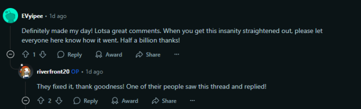 Screenshot of a discussion featuring two users expressing gratitude and relief over an issue being resolved.