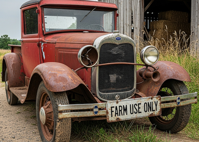 an old car with a Farm Use Only plate