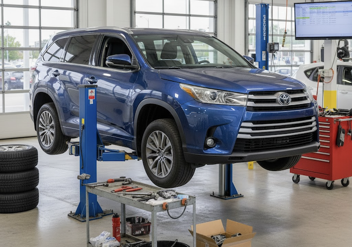 Alex Oluku's 2017 Toyota Highlander at the dealer for repairs