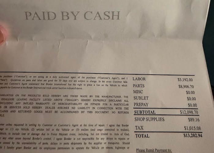 Tanner Thurman's 2019 Chevy Silverado receipt for a $13,000 engine