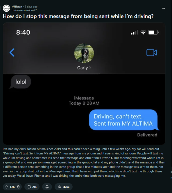 A screenshot of a text conversation showing a message: "Driving, can't text. Sent from MY ALTIMA" alongside a user's confused inquiry.