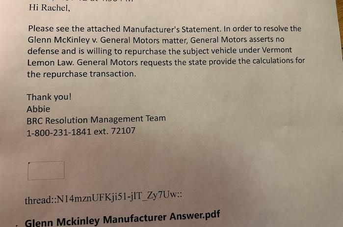 Glenn McKinley letter from GM
