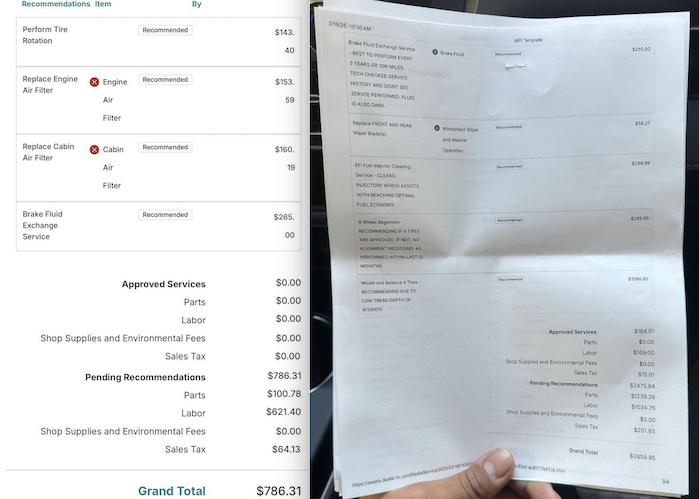 Angel's 2020 Toyota Highlander recommended services list from the Toyota dealer