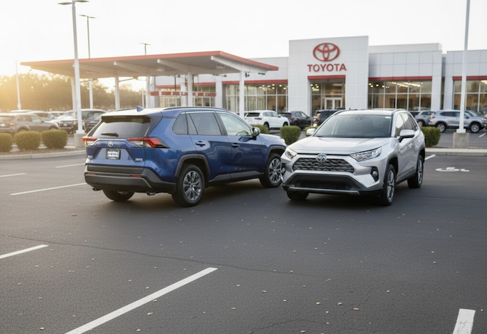 Nuala's 2021 Toyota RAV4 hybrid XLE with a 2025 RAV4 hybrid at the dealer