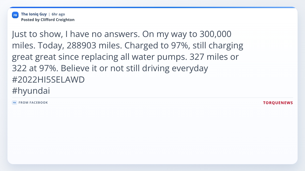 A Facebook post from The Ioniq Guy group showing a 2022 Hyundai Ioniq 5 SEL AWD owner reporting 288903 miles with 322 miles of range remaining at 97 percent state of charge