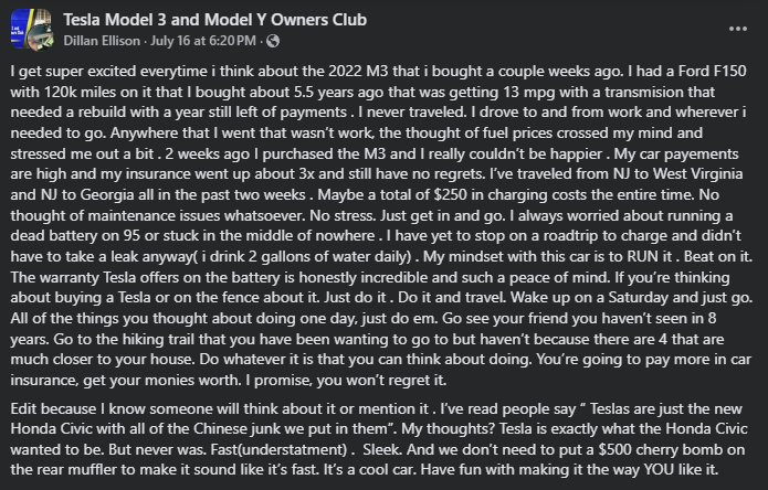 A user shares their enthusiasm for their new Tesla Model 3, reflecting on past vehicle issues and comparing it to a Honda Civic.