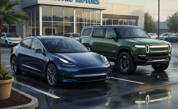 A 2022 Tesla Model 3 parked next to a 2025 Rivian R1S