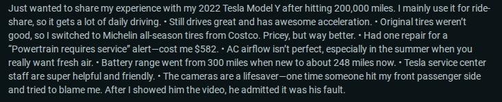 User shares experience with a 2022 Tesla Model Y after 200,000 miles, highlighting performance, repairs, and helpful service staff.