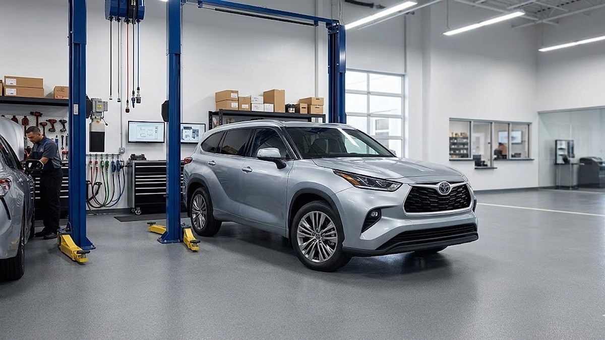 2022 Toyota Highlander XLE V6 in dealer's service bay undergoing UA80E 8-speed transmission diagnostic scan