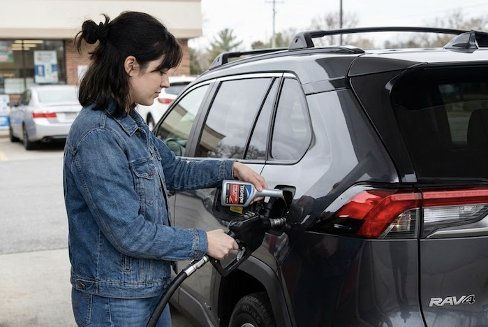 Hayden at the gas station filling up her Toyota RAV4
