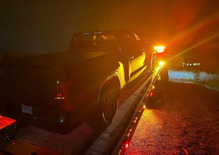 Tristan Corriveau's 2022 Toyota Tundra SR5 loaded on a tow truck