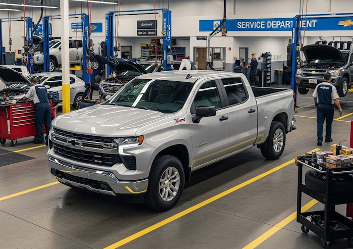 Stephen Provenza's 2023 Chevy Silverado sitting in the dealer's shop 