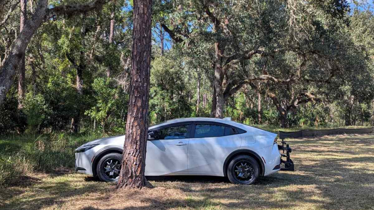 2023 white Toyota Prius hybrid parked in a wooded area, full side profile.