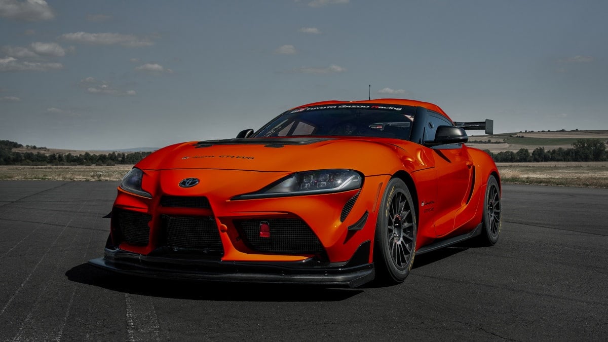 2023 Toyota Supra GT4 Evo front 3/4 view on a race track