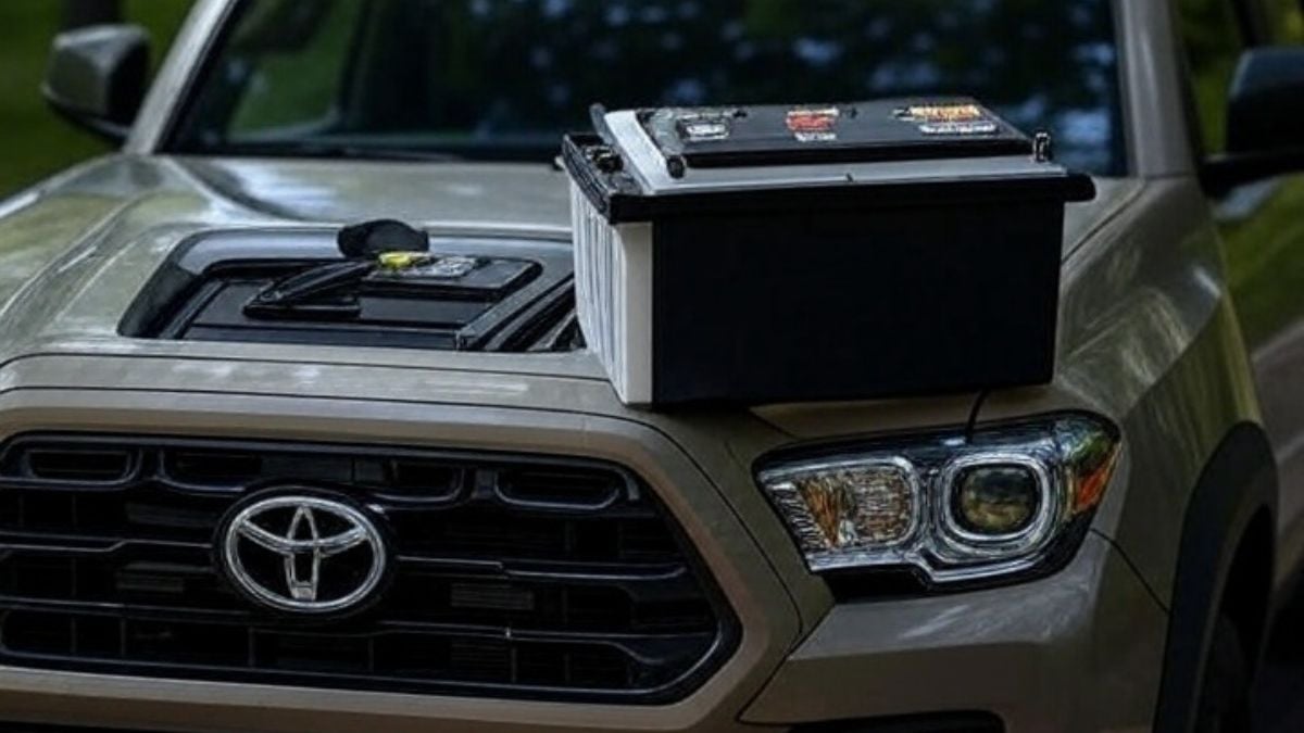 2023 Toyota Tacoma and its battery on the hood