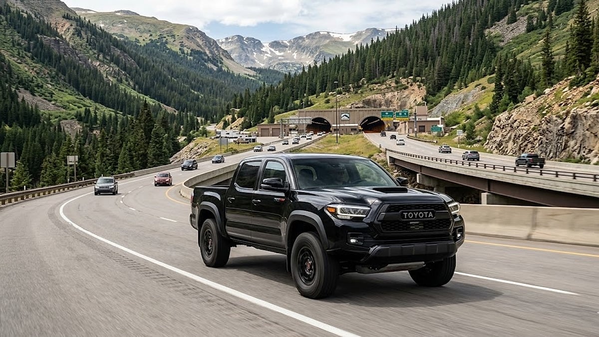 2023 Toyota Tacoma TRD Pro in magnetic gray metallic driving westbound on I-70 approaching the Eisenhower Tunnel in Colorado