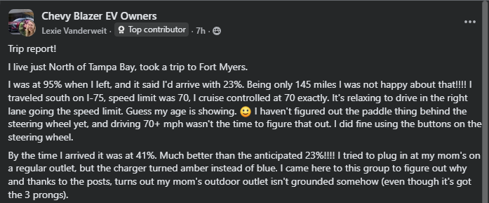 User shares a trip report from Tampa Bay to Fort Myers in a Chevy Blazer EV, discussing charging issues and driving experience.