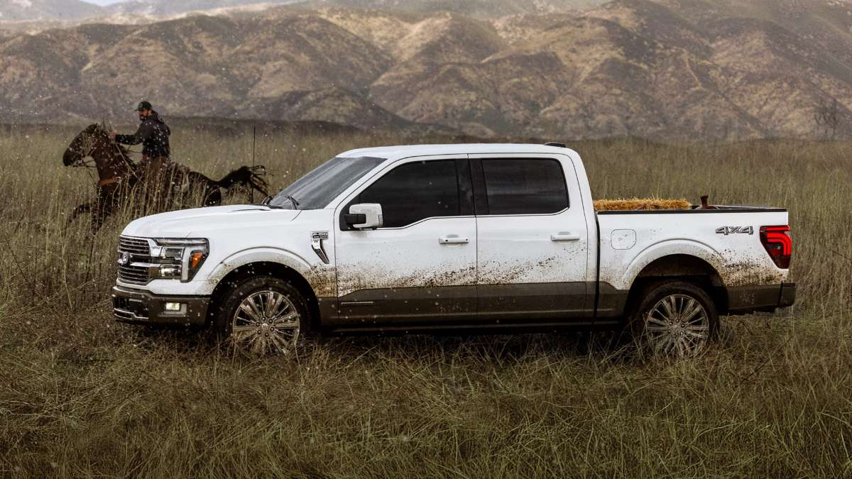 White Ford F-150 pickup truck driving through a grassy field with mud on the sides, mountains in the background, and a rider on horseback passing behind.