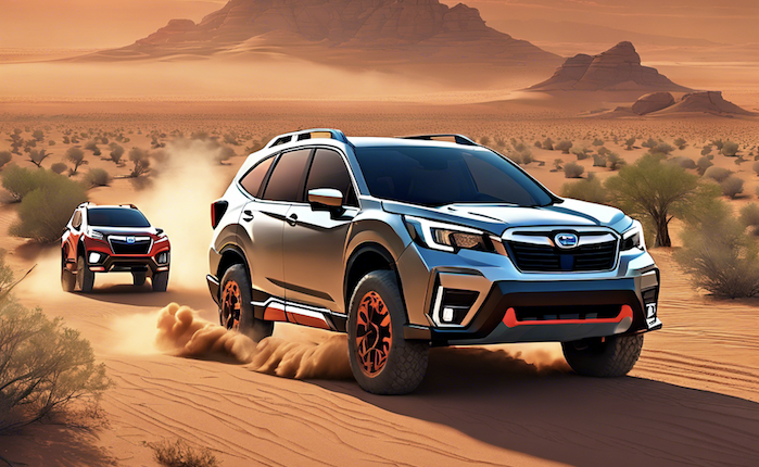 2024 Subaru Forester ahead of the Honda CR-V on a dirt road