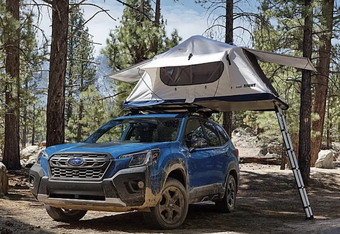 2025 Subaru Forester camping with a rooftop tent