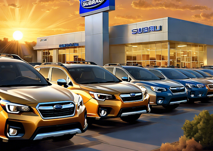 2024 Subaru models lined up in front of a Subaru dealer