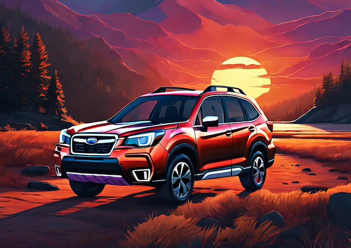 2024 Subaru Forester with a sunset behind