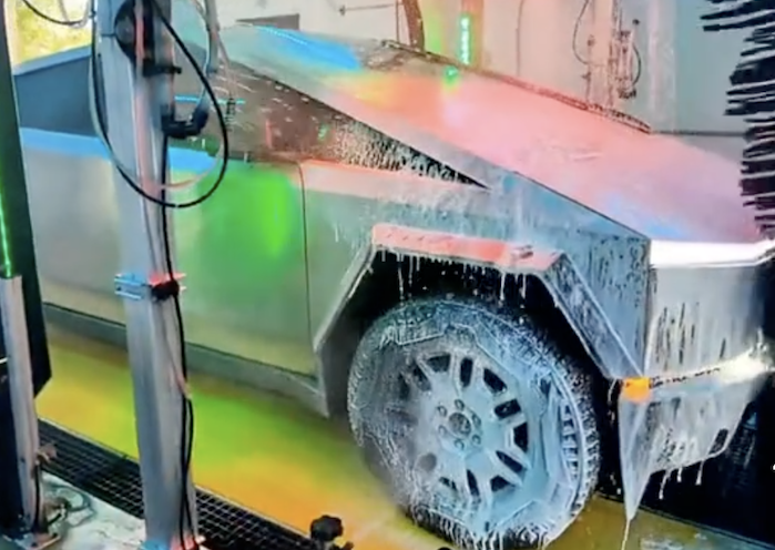 Tesla Cybertruck going through a carwash