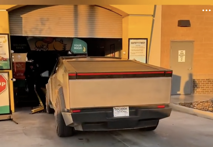 Tesla Cybertruck entering a carwash