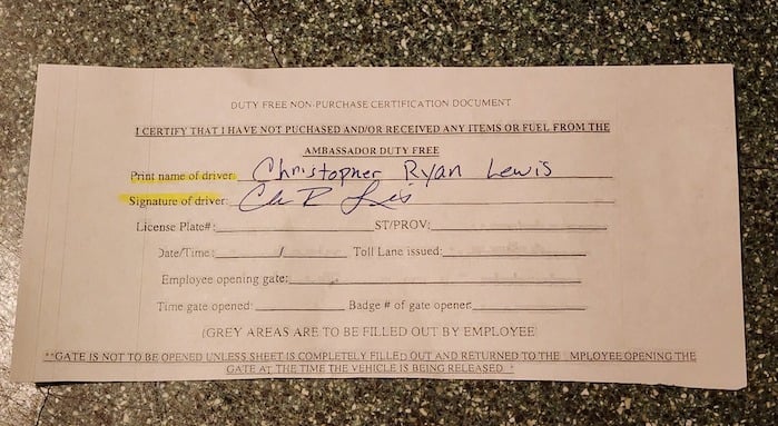 Christopher Ryan Lewis reveals his duty free paperwork