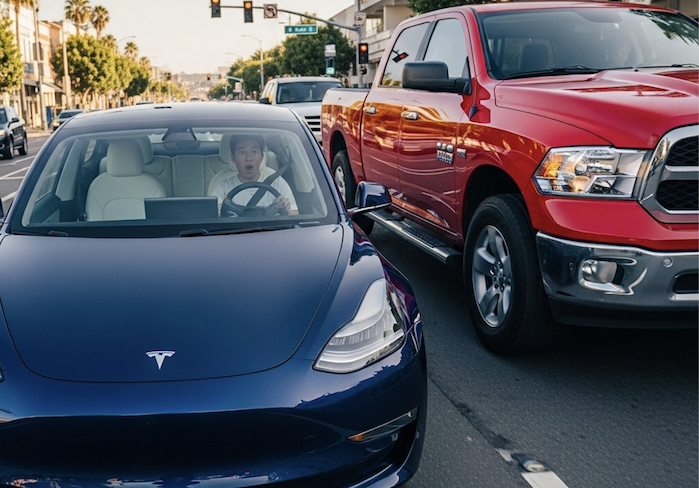 Oscar in his Tesla Model 3 Driving in Chicago