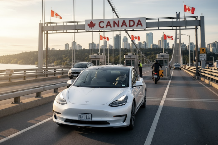 Christopher Ryan Lewis crossing the Canadian border in his Tesla Model 3