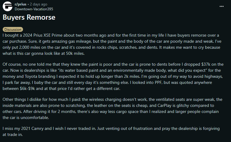A frustrated car buyer expresses remorse over their new 2024 Prius XSE Prime due to poor paint quality and uncomfortable features.