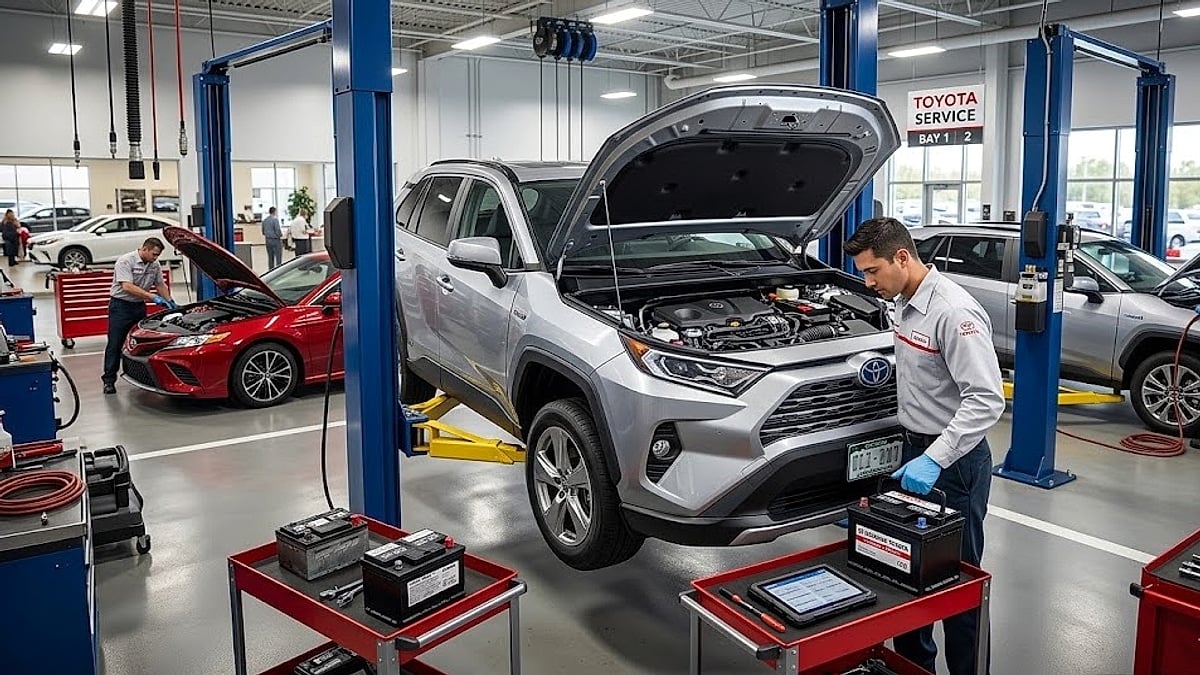 2024 Toyota RAV4 service bay at dealership getting a new 12V battery replaced under warranty by technician, Denver, Colorado