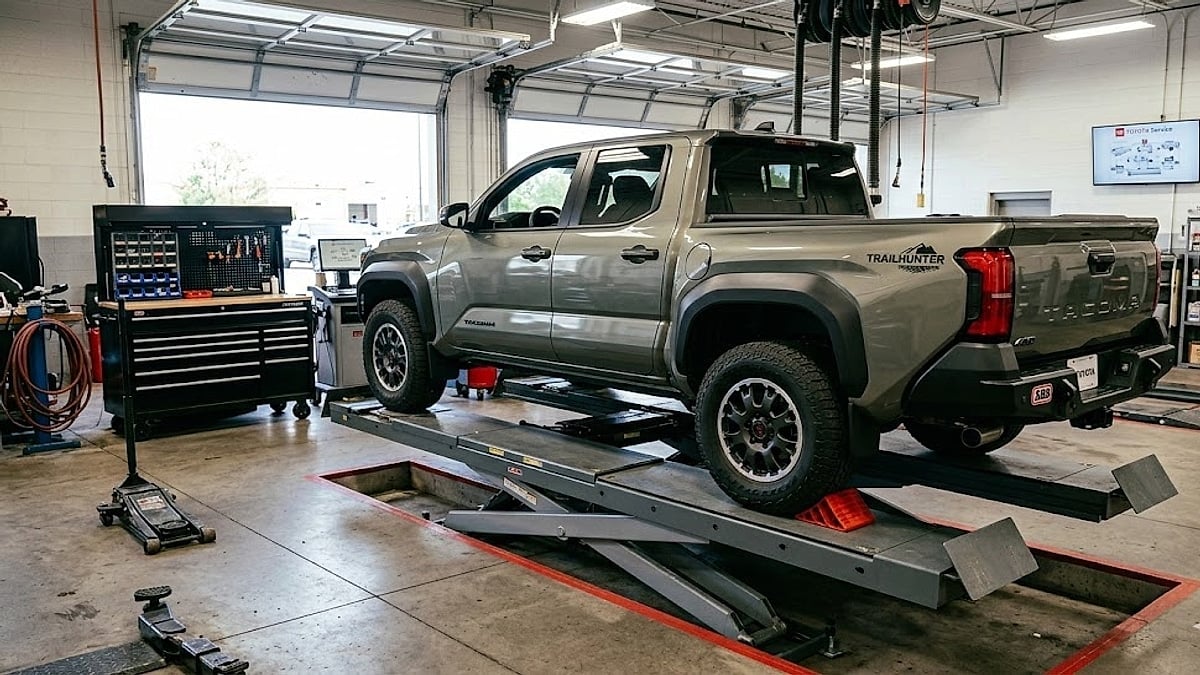 2024 Toyota Tacoma Trailhunter in service bay for inspection of damaged LED bed rail caps and moisture-related electrical system diagnosis