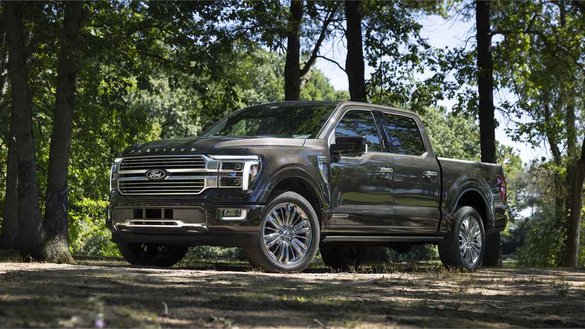 Front view of a gray Ford F-150 Platinum truck parked in a wooded area, highlighting large chrome grille, LED headlights, and luxury pickup design.