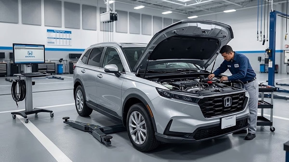 2024 Honda CR-V hybrid SUV in a dealership service bay with its hood raised for mechanical diagnostics