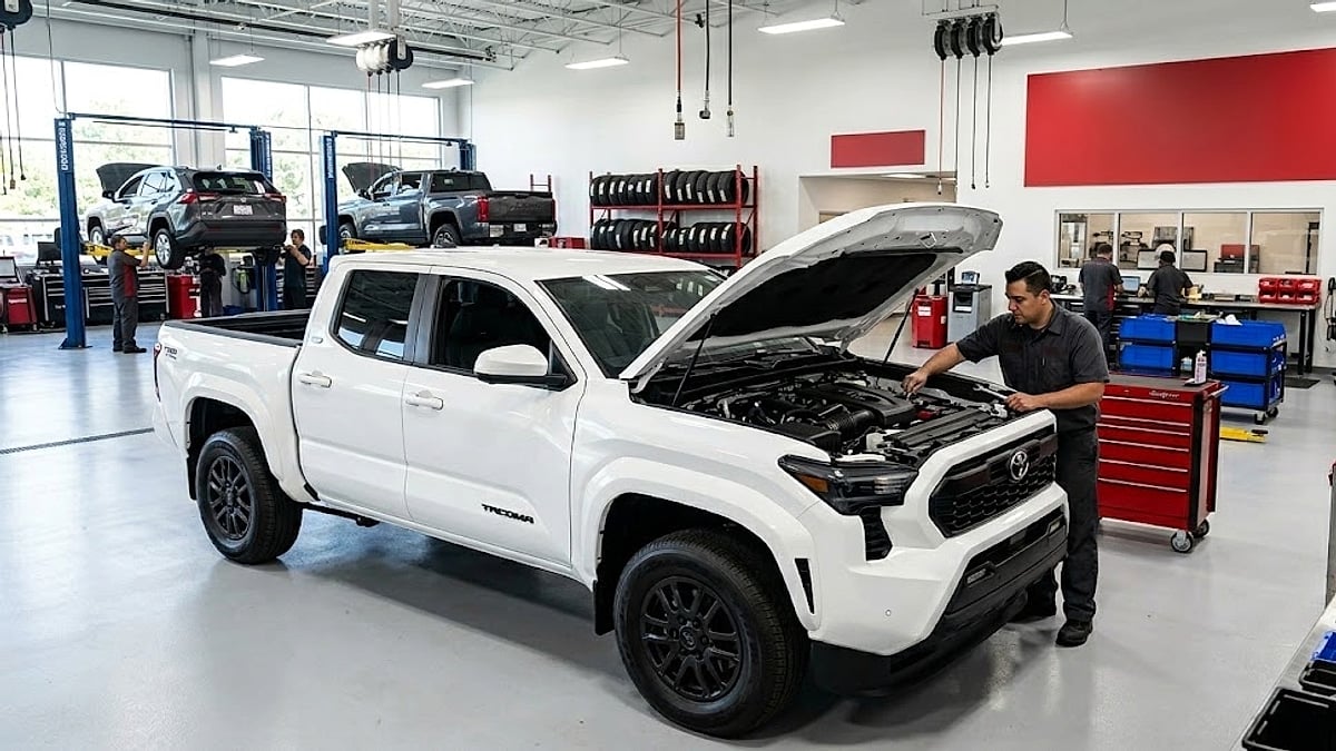2024 Toyota Tacoma white midsize truck in franchise dealership service bay with hood open for multi-point factory maintenance inspection