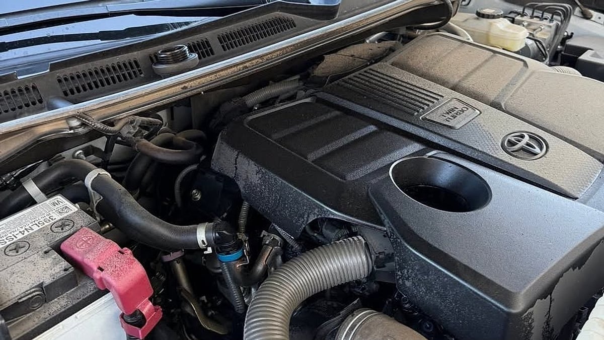 2024 Toyota Tundra's engine bay with the oil filter cap left off by the dealer