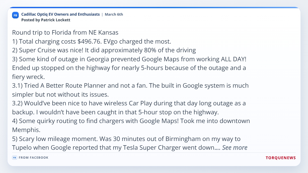 A Facebook post from the Cadillac Optiq EV Owners and Enthusiasts group detailing a round trip from Northeast Kansas to Florida with $496.76 in public charging costs 