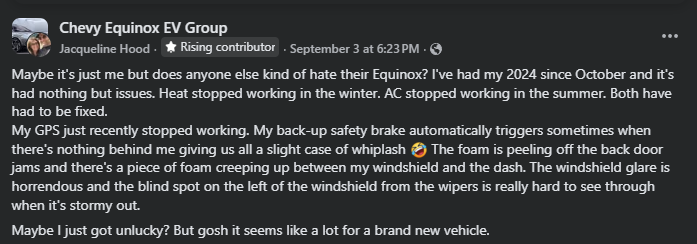 A user expresses frustration about issues with their 2024 Chevy Equinox, including malfunctioning AC, GPS, and safety features.