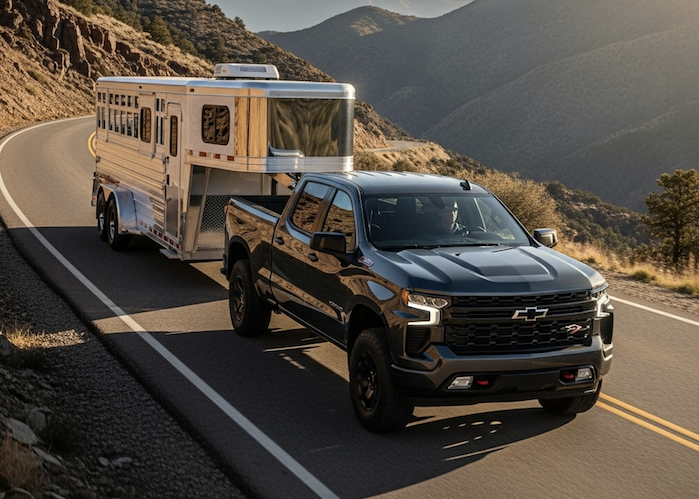 2025 Chevy Silverado LT Trail Boss pulling a horse trailer