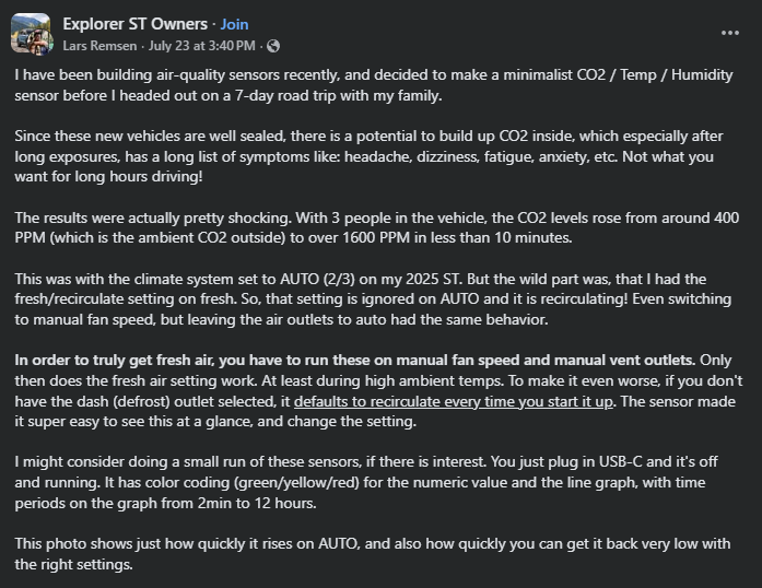 A person discusses CO2 sensor results in a vehicle, highlighting rapid CO2 buildup and the importance of manual settings for fresh air.