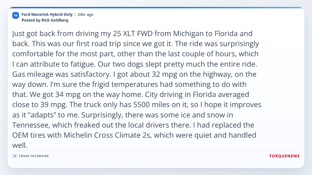 Screenshot of a Facebook post from the Ford Maverick Hybrid Only group where an owner shares a road trip experience from Michigan to Florida and reports highway fuel economy of about 32 to 34 mpg in a 2025 Ford Maverick Hybrid.