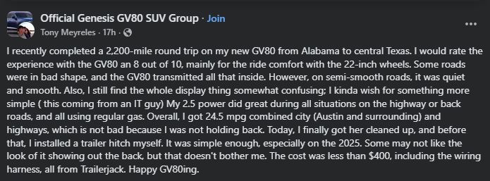 A user reflects on their 2,200-mile road trip in a Genesis GV80, rating its comfort, fuel efficiency, and DIY trailer hitch installation.